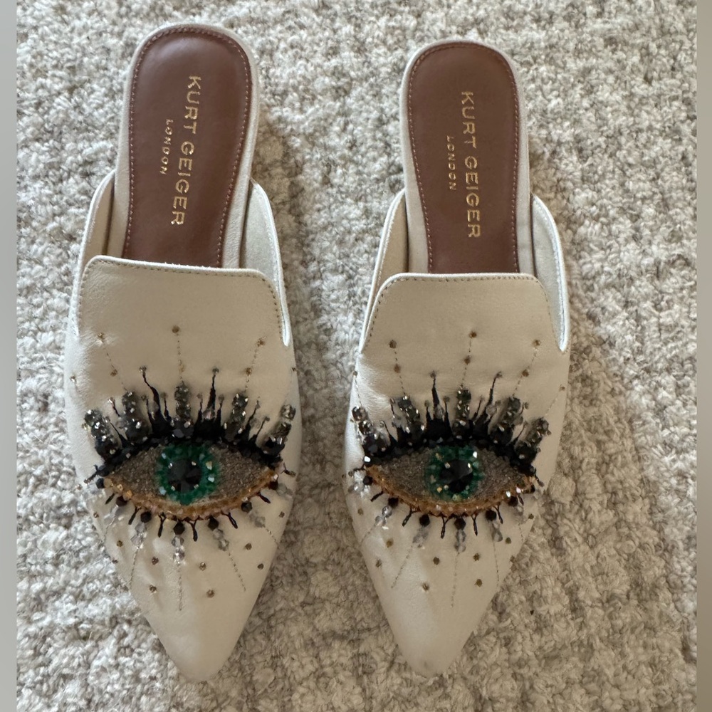 Kurt Geiger White and Green Embellished Mules